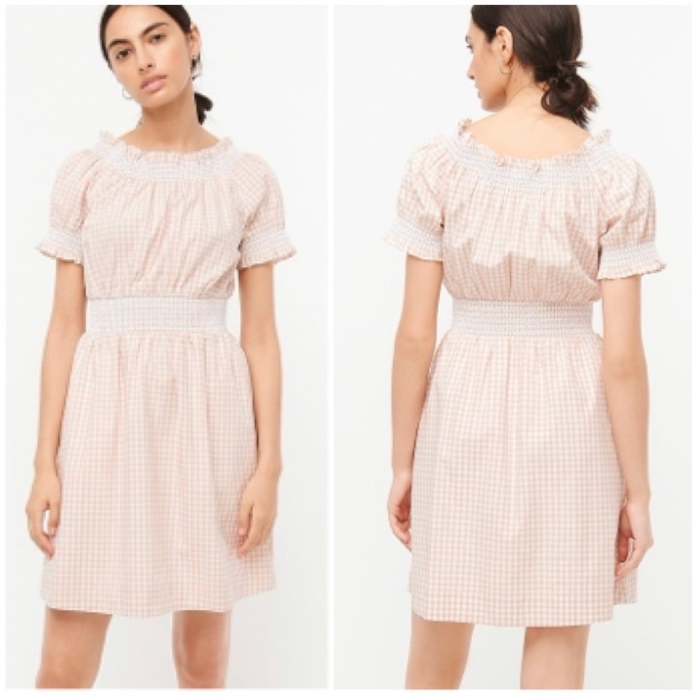 J. Crew Smocked Puff Sleeve Cotton Poplin Dress In Gingham size XS white Blush